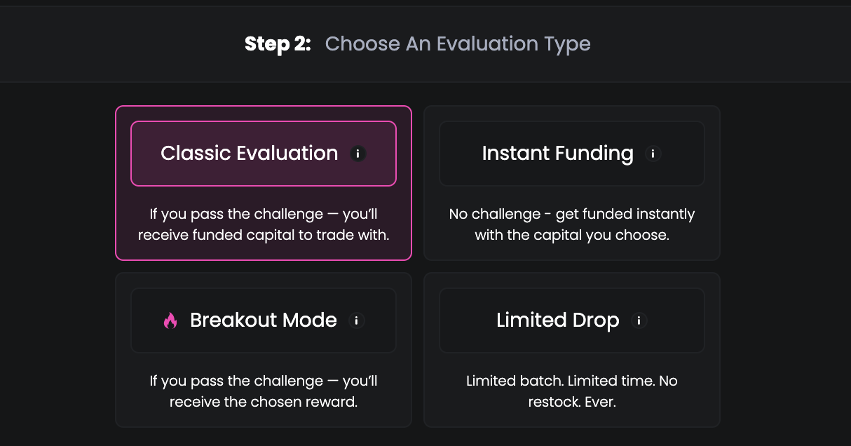 Upcomers Step 2: evaluation types — Classic Evaluation, Instant Funding, Breakout Mode, Limited Drop.